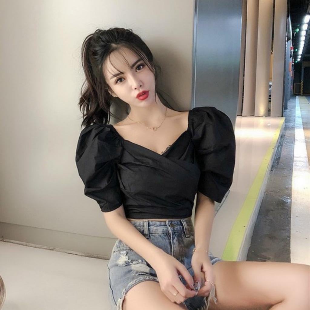 Áo croptop nữ tay phồng nhúng sau lưng ôm dáng GenY, Áo kiểu nữ đắp chéo ngực phong cách tiểu thư -C17-