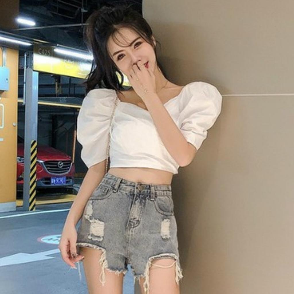 Áo croptop nữ tay phồng nhúng sau lưng ôm dáng GenY, Áo kiểu nữ đắp chéo ngực phong cách tiểu thư -C17-