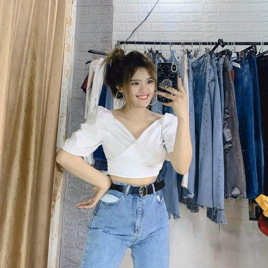 Áo croptop nữ tay phồng nhúng sau lưng ôm dáng GenY, Áo kiểu nữ đắp chéo ngực phong cách tiểu thư -C17-