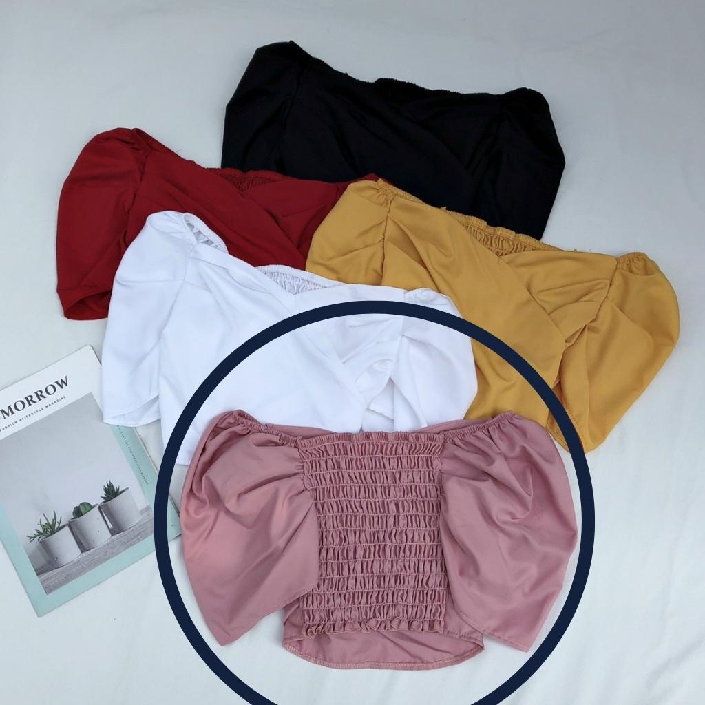 Áo croptop nữ tay phồng nhúng sau lưng ôm dáng GenY, Áo kiểu nữ đắp chéo ngực phong cách tiểu thư -C17-