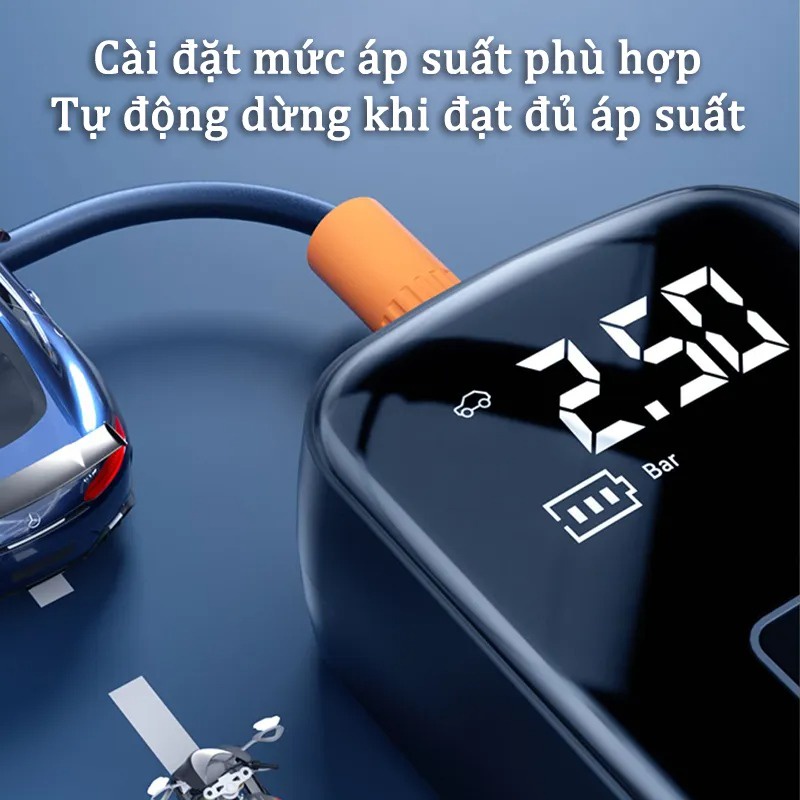 Máy Bơm Hơi Xe Các Loại Ô tô xe máy Không Dây Công Suất Cao, Al Tự Động Ngắt Khi Đầy, Kiêm Sạc Dự Phòng Điện Thoại