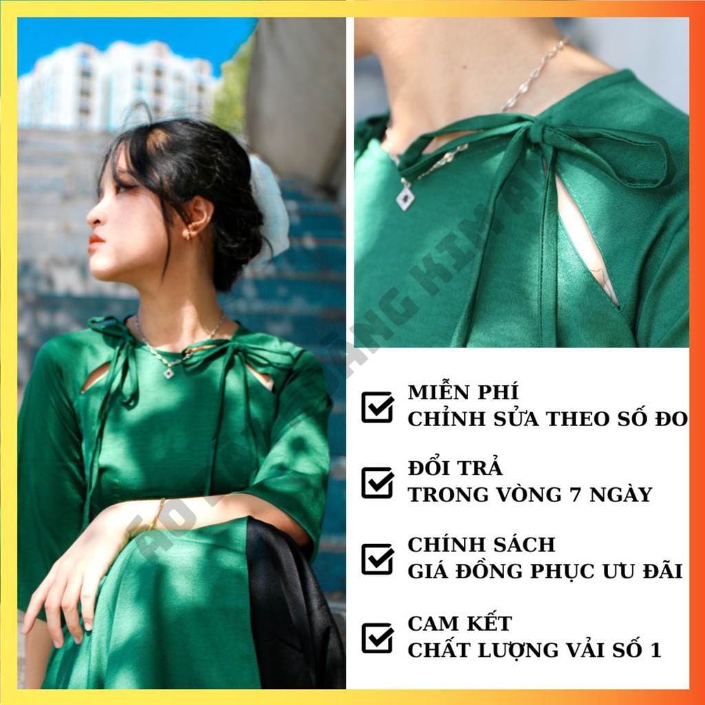 ÁO DÀI CÁCH TÂN NỮ TRUYỀN THỐNG VẢI LỤA TRƠN THIẾT KẾ TAY LỠ THẮT NƠ DUYÊN DÁNG MAY SẴN CỔ TRÒN ĐẸP MÀU XANH LÁ