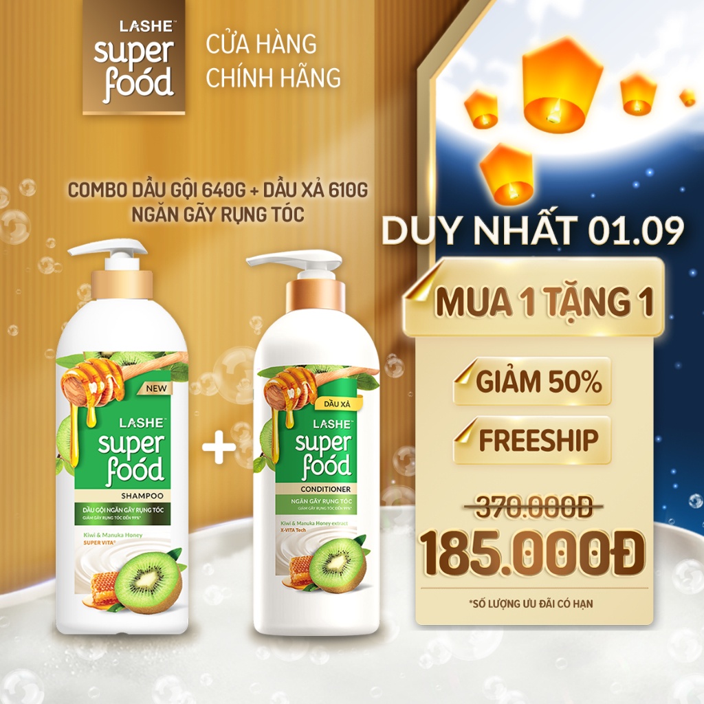 Combo Dầu gội 640G + Dầu xả 610G LASHE SUPERFOOD ngăn gãy rụng tóc
