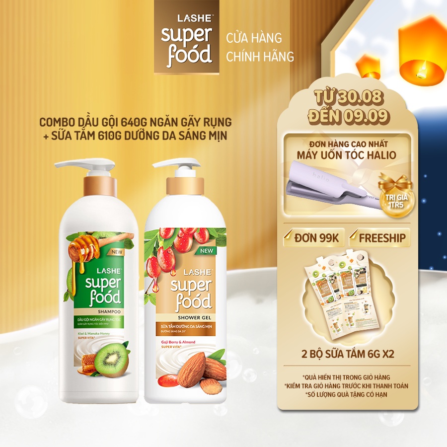 Combo Dầu gội LASHE SUPERFOOD ngăn gãy rụng tóc 640G + Sữa tắm dưỡng da sáng mịn 610G