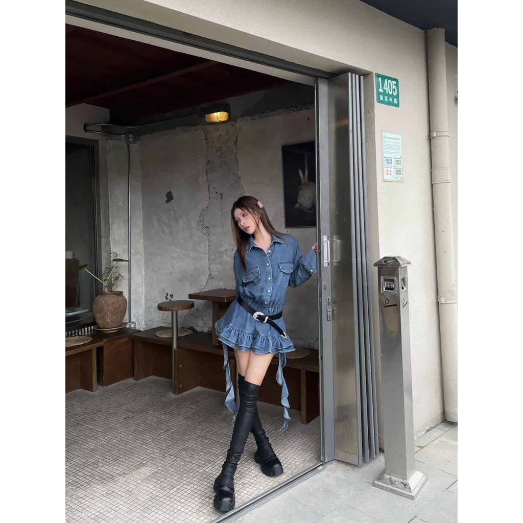 Đầm denim Ngắn Viền Bèo Nhún Phong Cách niche Cổ Điển Thiết Kế Mới Mùa Xuân Thu Dành Cho Bạn Nữ