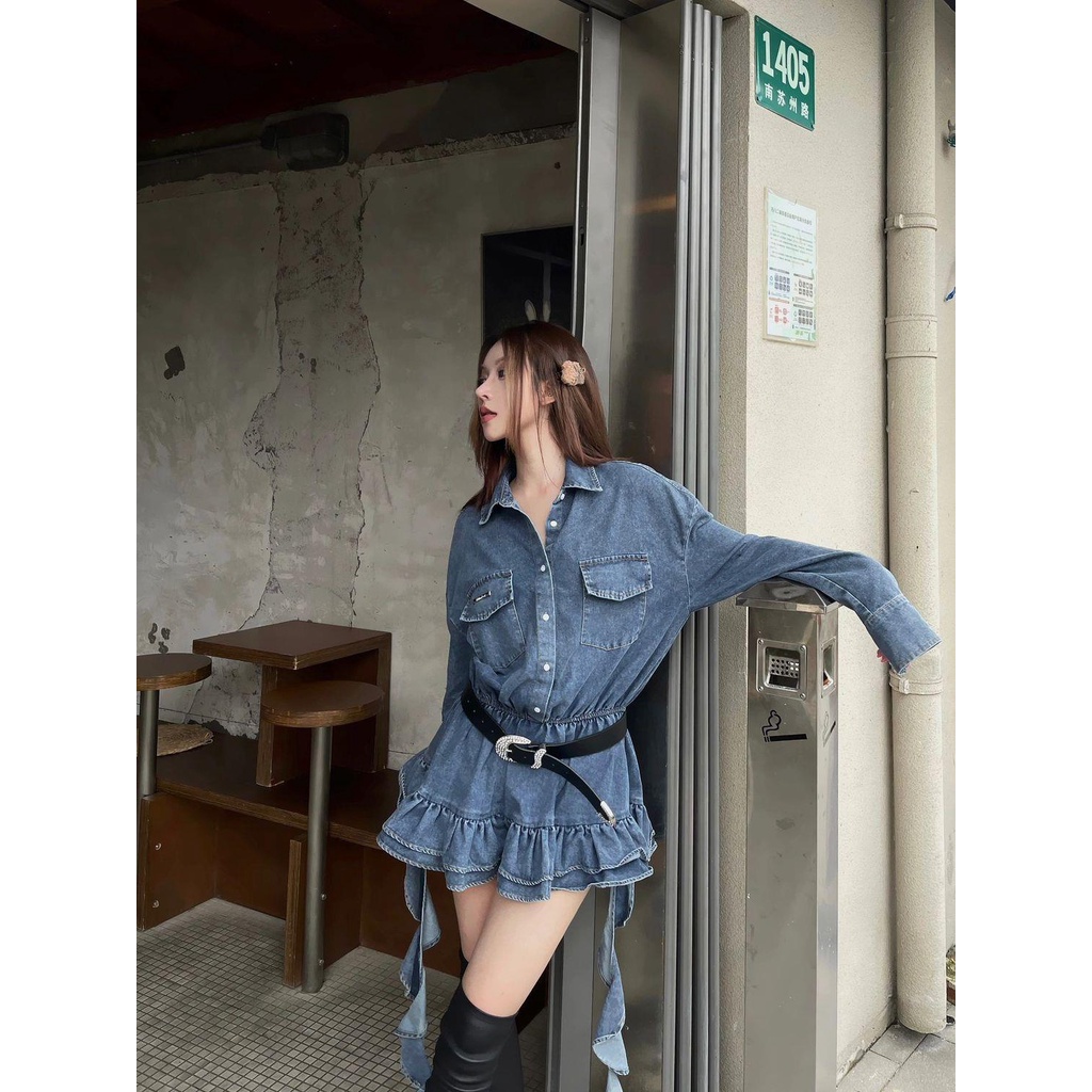 Đầm denim Ngắn Viền Bèo Nhún Phong Cách niche Cổ Điển Thiết Kế Mới Mùa Xuân Thu Dành Cho Bạn Nữ