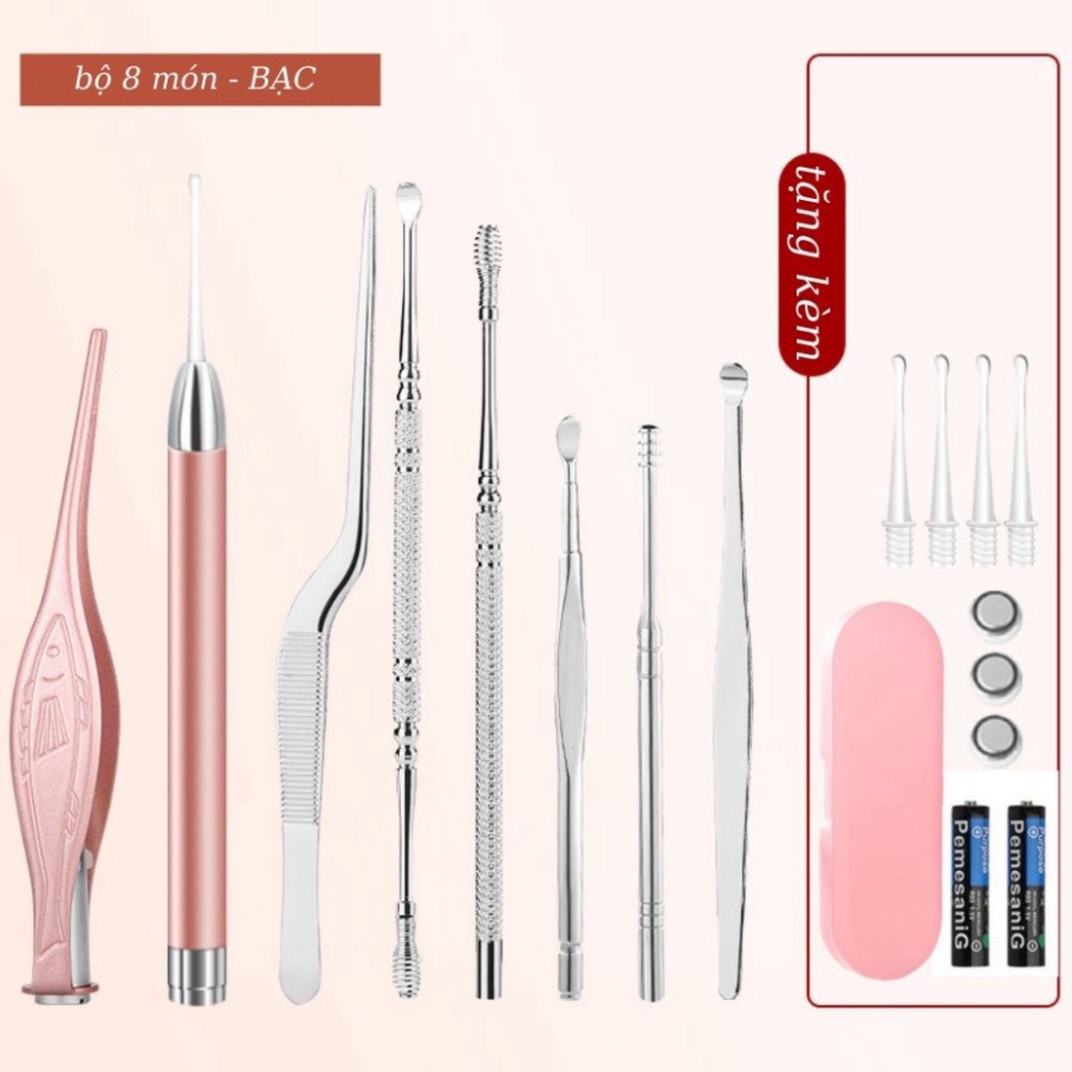Bộ lấy ráy tai có đèn cho bé và người lớn, dụng cụ vệ sinh tai cao cấp cho gia đình - MT8 New