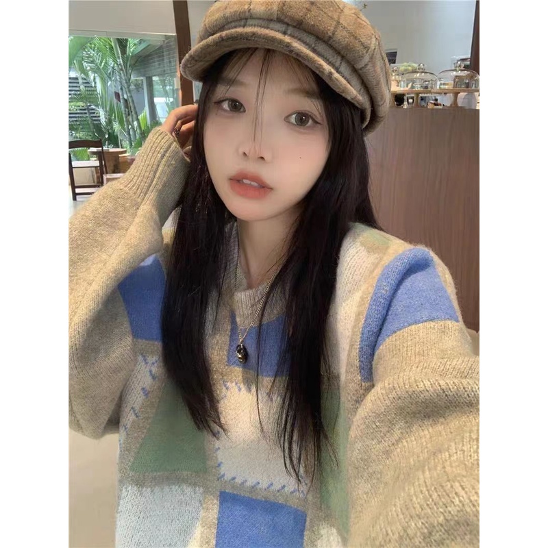 Áo sweater Cổ Tròn Tay Dài Dáng Rộng Sọc Ca Rô Tương Phản Thời Trang Thu Đông 2023