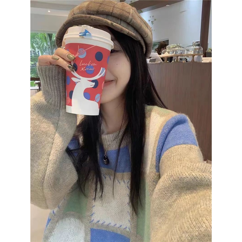 Áo sweater Cổ Tròn Tay Dài Dáng Rộng Sọc Ca Rô Tương Phản Thời Trang Thu Đông 2023