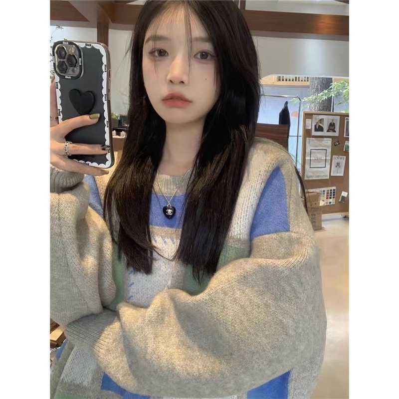 Áo sweater Cổ Tròn Tay Dài Dáng Rộng Sọc Ca Rô Tương Phản Thời Trang Thu Đông 2023