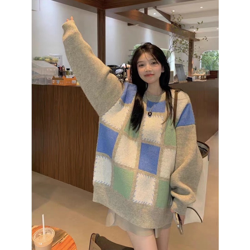 Áo sweater Cổ Tròn Tay Dài Dáng Rộng Sọc Ca Rô Tương Phản Thời Trang Thu Đông 2023