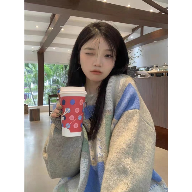 Áo sweater Cổ Tròn Tay Dài Dáng Rộng Sọc Ca Rô Tương Phản Thời Trang Thu Đông 2023