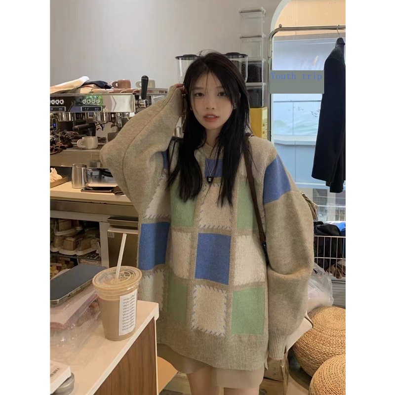 Áo sweater Cổ Tròn Tay Dài Dáng Rộng Sọc Ca Rô Tương Phản Thời Trang Thu Đông 2023