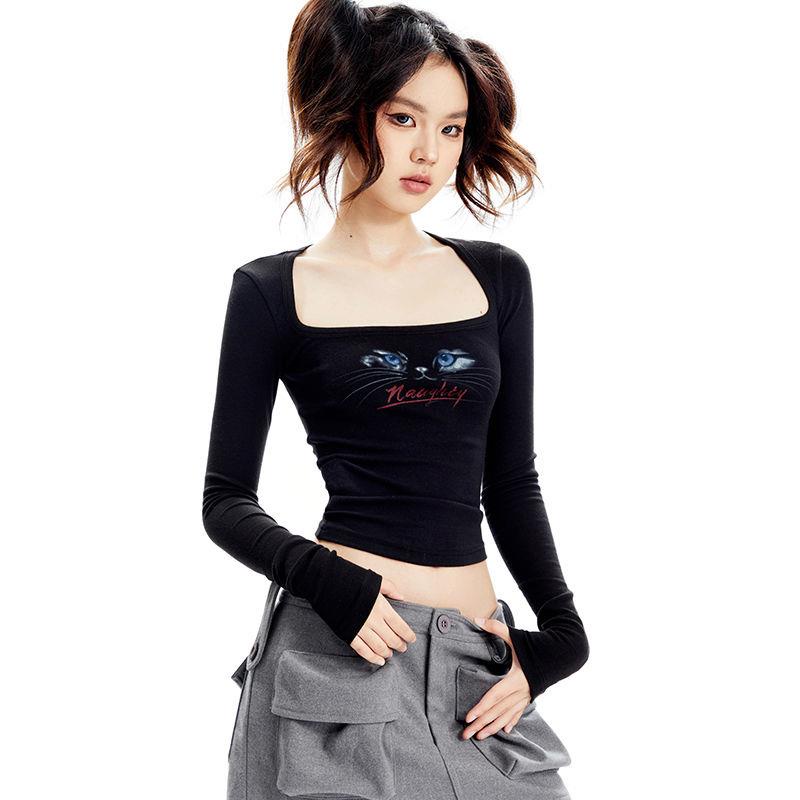 Áo Thun Tay Dài Cổ Tròn In Hình Mèo Dễ Thương Dành Cho Nữ
