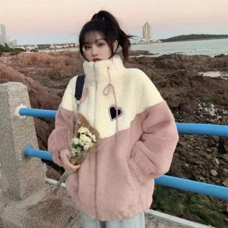 Áo khoác Lông cừu ,Áo khoác hoodie Vải lông cừu giữ ấm Thoải Logo hình trái tim -NANASHOP