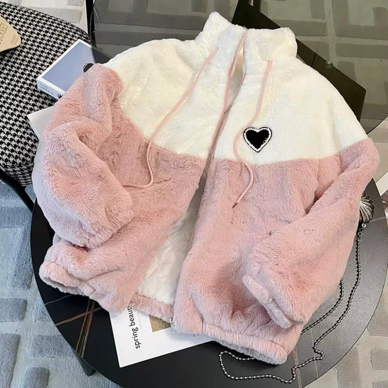 Áo khoác Lông cừu ,Áo khoác hoodie Vải lông cừu giữ ấm Thoải Logo hình trái tim -NANASHOP