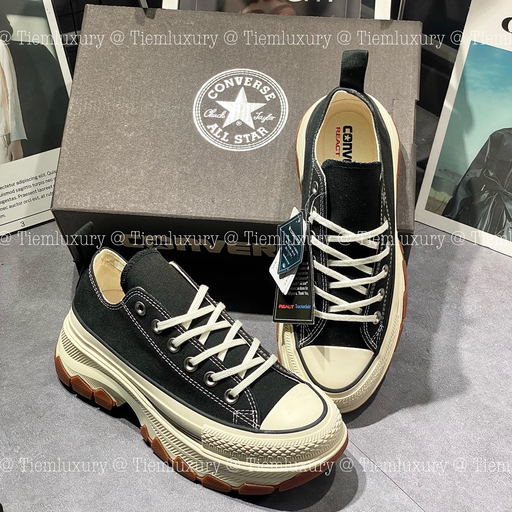 Giày thể thao CV All Star 100 Trek wave OX Black White, Giày CV All Star cổ thấp đen đế nâu