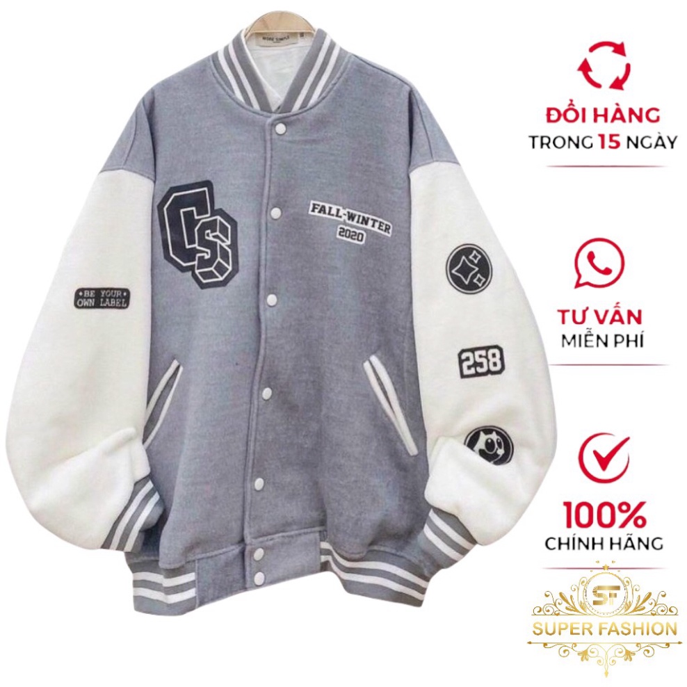 Áo khoác bomber nam nữ đẹp form rộng in chữ CS họa tiết dễ thương Super Fashion