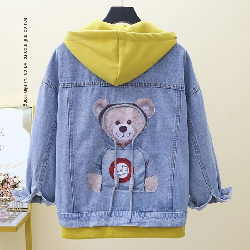 Áo Khoác denim Có Nón Trùm Giả Hai Lớp Phong Cách Hàn Quốc Cho Nữ
