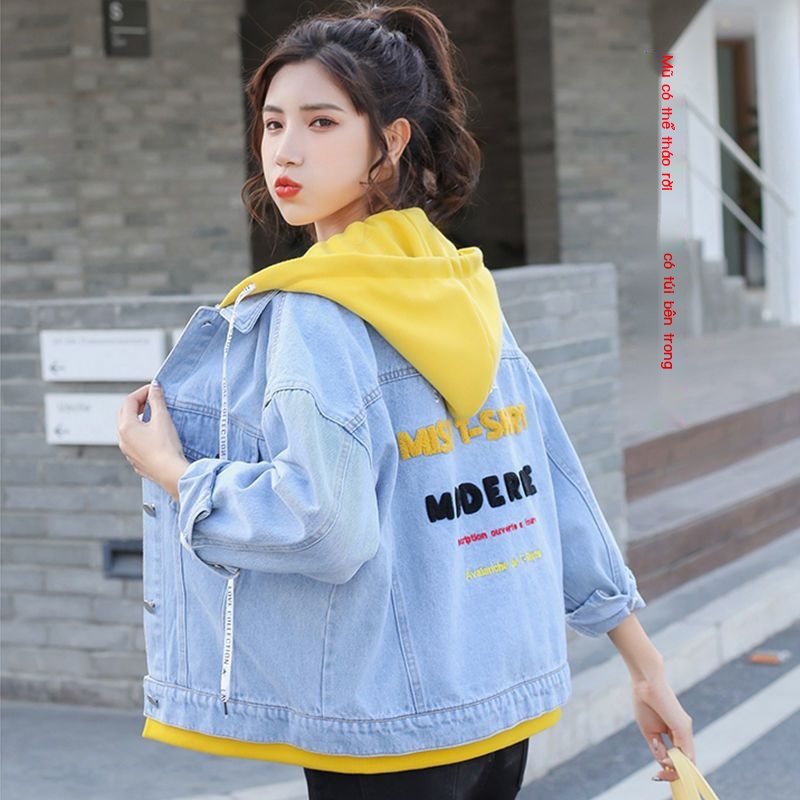 Áo Khoác denim Có Nón Trùm Giả Hai Lớp Phong Cách Hàn Quốc Cho Nữ