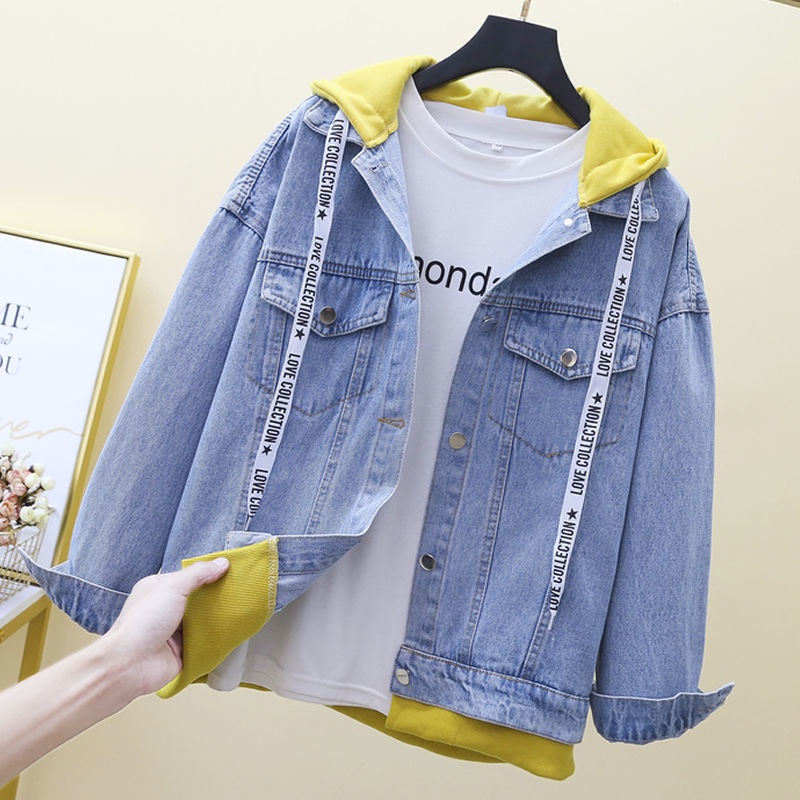Áo Khoác denim Có Nón Trùm Giả Hai Lớp Phong Cách Hàn Quốc Cho Nữ