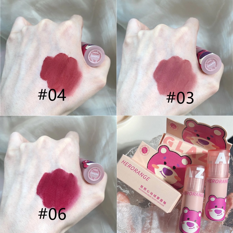 Son Môi HERORANGE Chất Nhung Lì Chống Thấm Nước Lâu Trôi Mềm Mịn Thiết Kế Hình Gấu Dâu Tây Dễ Thương