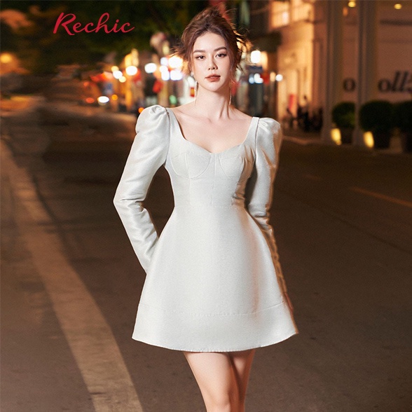 RECHIC Đầm Ngắn Galvin kiểu tay dài cúp ngực thanh lịch sang trọng phù hợp đi làm đi tiệc