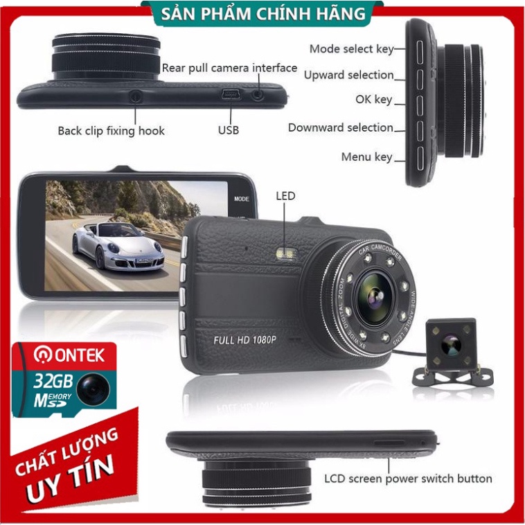 Camera hành trình ô tô ONTEK S14 Trước Sau Tích Hợp 8 Led 1080P - siêu nét- Chuẩn 4 inh