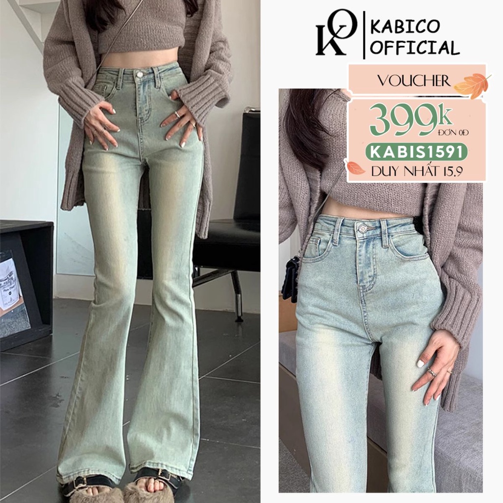 Quần jean nữ ống loe KABICO dài cạp cao, quần jean baggy dài co giãn phong cách Ullzang K58