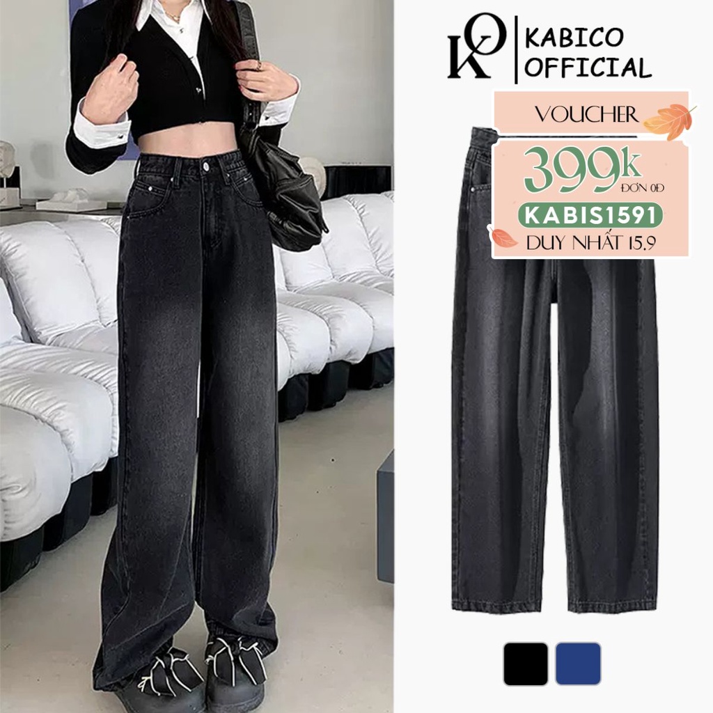 Quần jean nữ dài Kabico cạp cao, quần jean baggy xuông lưng cao ống rộng phong cách Ullzang J7