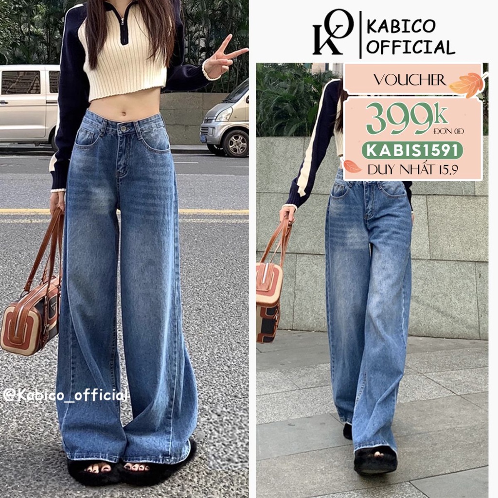 Quần jean dài nữ KABICO ống rộng cạp cap, quần jean baggy ống suông phong cách Ullzang K60