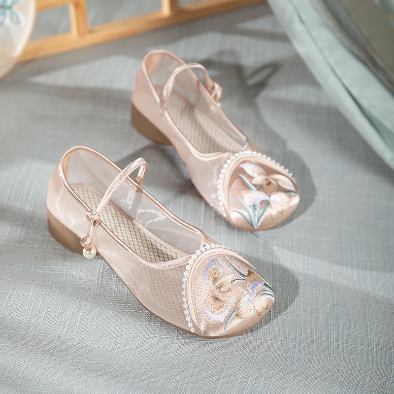 Giày Hán Phục Mũi Tròn Đế Bằng Phối Lưới Thêu Họa Tiết Thoáng Khí Phong Cách Trung Hoa