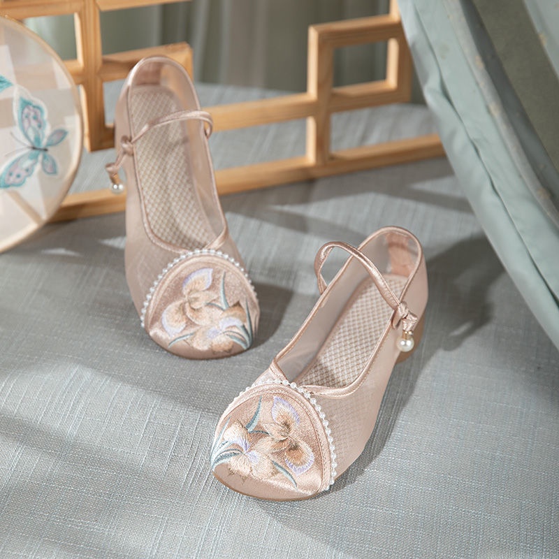 Giày Hán Phục Mũi Tròn Đế Bằng Phối Lưới Thêu Họa Tiết Thoáng Khí Phong Cách Trung Hoa