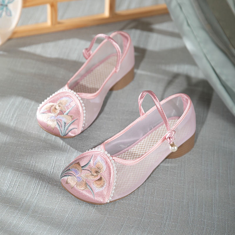 Giày Hán Phục Mũi Tròn Đế Bằng Phối Lưới Thêu Họa Tiết Thoáng Khí Phong Cách Trung Hoa