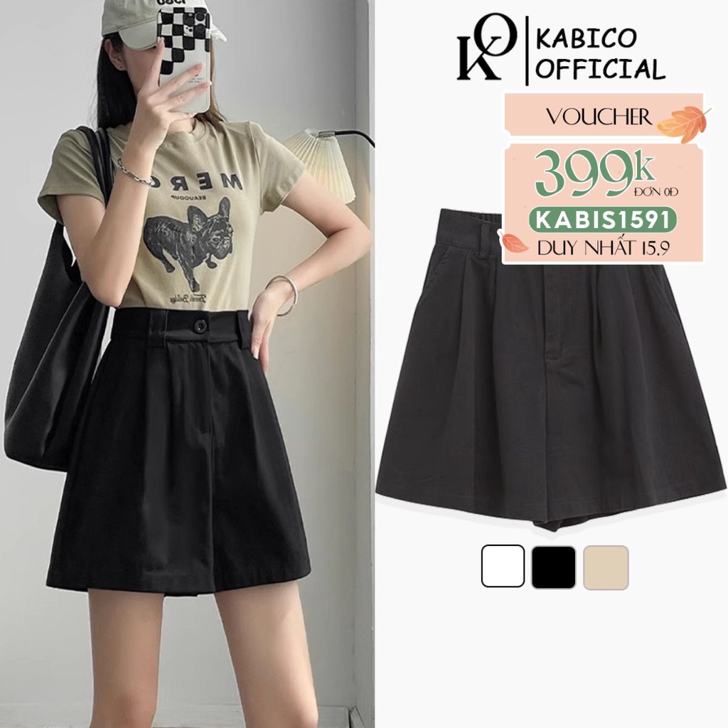 Quần short nữ kaki cạp cao KABICO quần short ống rộng lưng cao C7