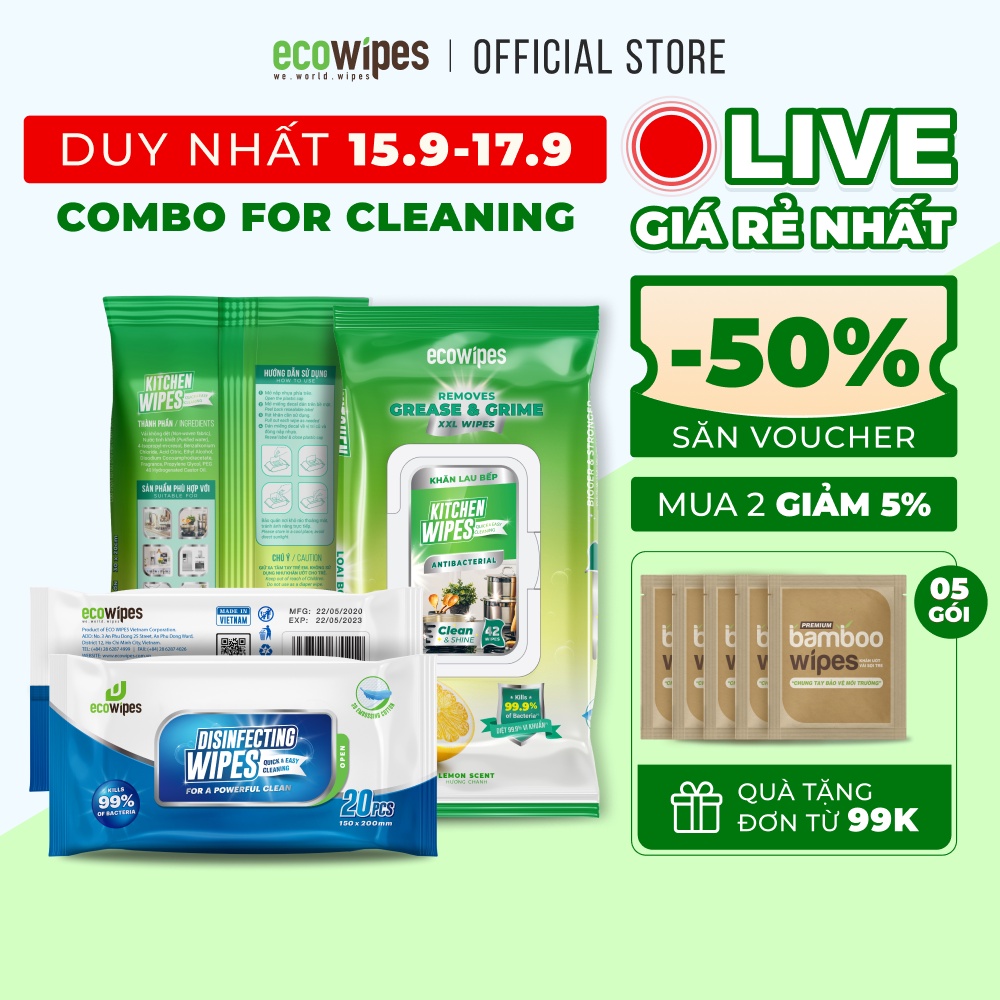 Combo for Cleaning gồm khăn ướt diệt khuẩn 20 tờ và khăn lau bếp 42 tờ sạch 99,9% vi khuẩn EcoWipes