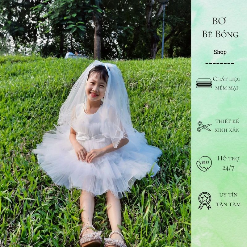 Váy Công Chúa, Váy Ren Trắng Bé Gái 10-32kg, Bơ Bé Bỏng