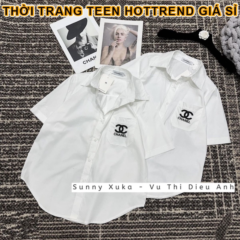 Áo sơ mi nữ cộc tay logo túi - Áo sơ mi trắng tay lỡ sang chảnh