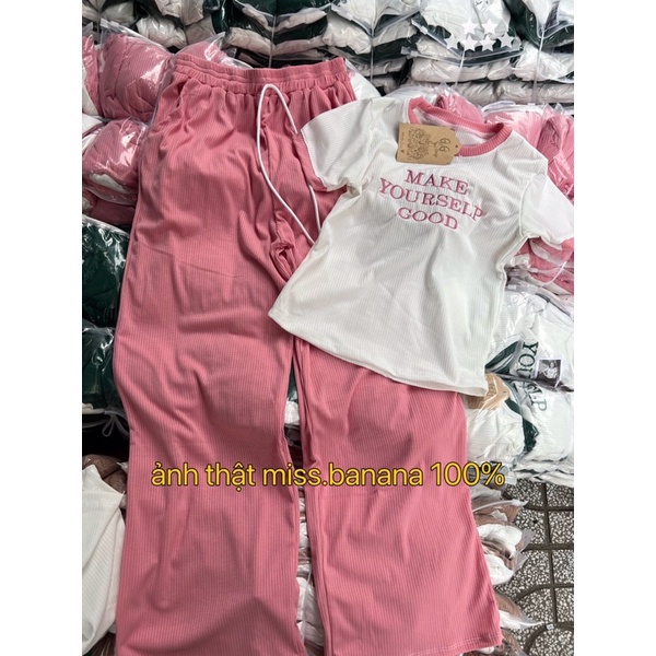 Set Bộ Đồ Thun Gân Tăm Chữ Quần Dài Ống Rộng MaM