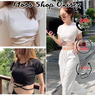 Áo croptop buộc bụng tay ngắn, cột dây eo tay ngắn mossshopunisex