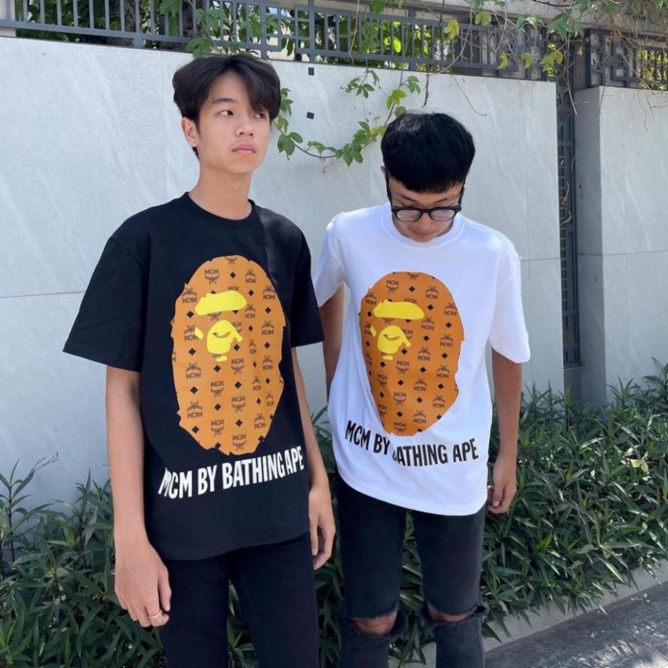 Áo Phông Nam Nữ Bape MCM Đen Trắng Form Rộng Unisex Cotton Co Giãn 4 Chiều
