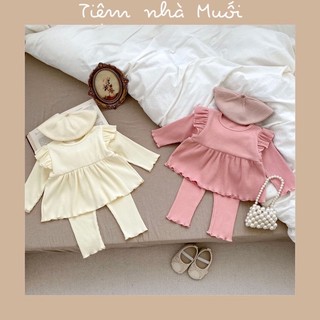 Bộ quần áo dài tay len gân bèo vai cho bé gái 7-15kg