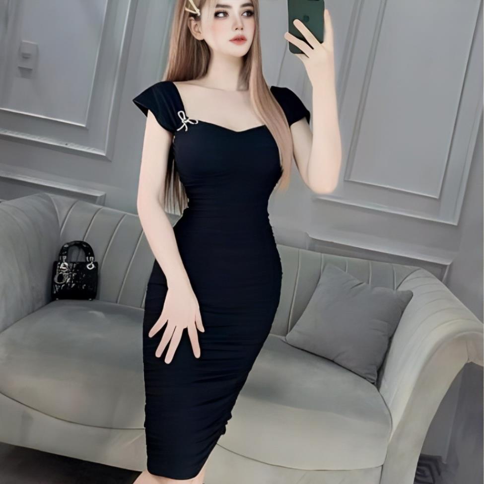 Đầm Body Co Nhúm Toàn Thân Tay Bản To Đính Nơ, Váy Đầm Nữ Co Dãn Dáng Dài Đi Chơi Đi Tiệc Sành Điệu LUMICA D043