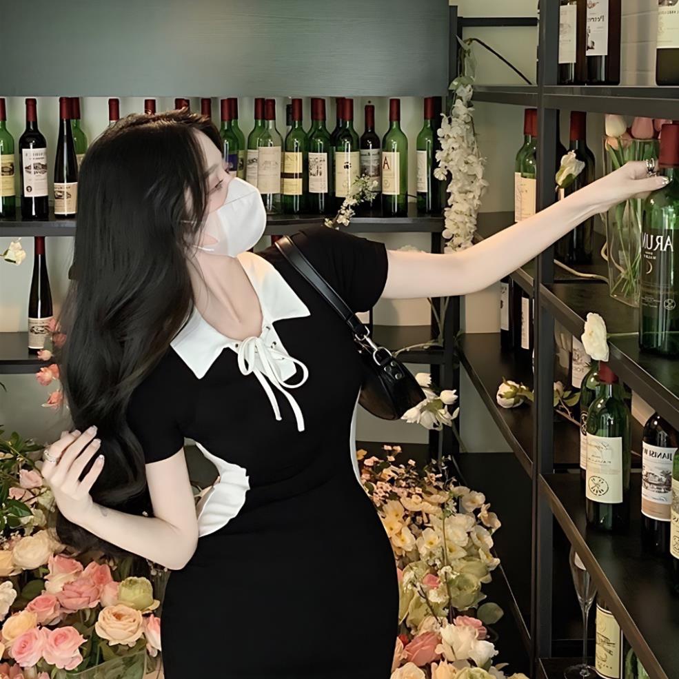Đầm Body Tay Ngắn Có Cổ Thắt Dây, Váy Đầm Dáng Ngắn Phối Màu Vải Mềm Mịn Phong Cách Cá Tính Đi Chơi Cháy Phố LUMICA D001