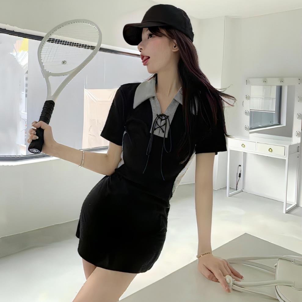 Đầm Body Tay Ngắn Có Cổ Thắt Dây, Váy Đầm Dáng Ngắn Phối Màu Vải Mềm Mịn Phong Cách Cá Tính Đi Chơi Cháy Phố LUMICA D001