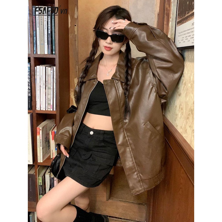 Áo Khoác Da Cao Cấp Dáng Rộng Màu Cà Phê Thời Trang Xuân Thu Dành Cho Nữ