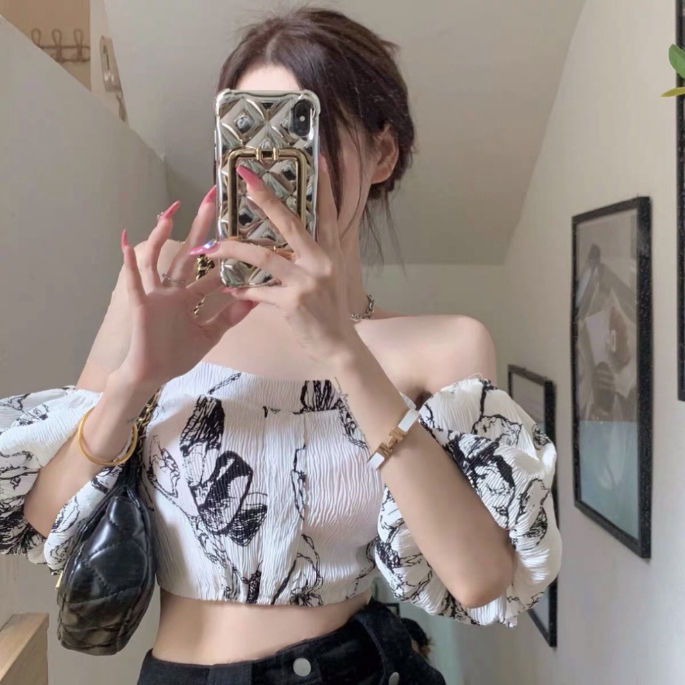 Áo Croptop Trễ Vai Tay Bồng HRSTORE ,Áo Kiểu Nữ Cá Tính Họa Tiết Sang Chảnh Chất Vải Voan Cao Cấp A88