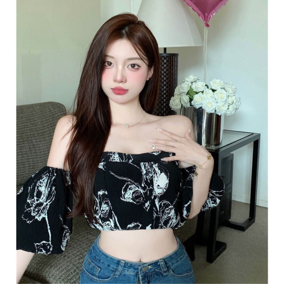 Áo Croptop Trễ Vai Tay Bồng HRSTORE ,Áo Kiểu Nữ Cá Tính Họa Tiết Sang Chảnh Chất Vải Voan Cao Cấp A88