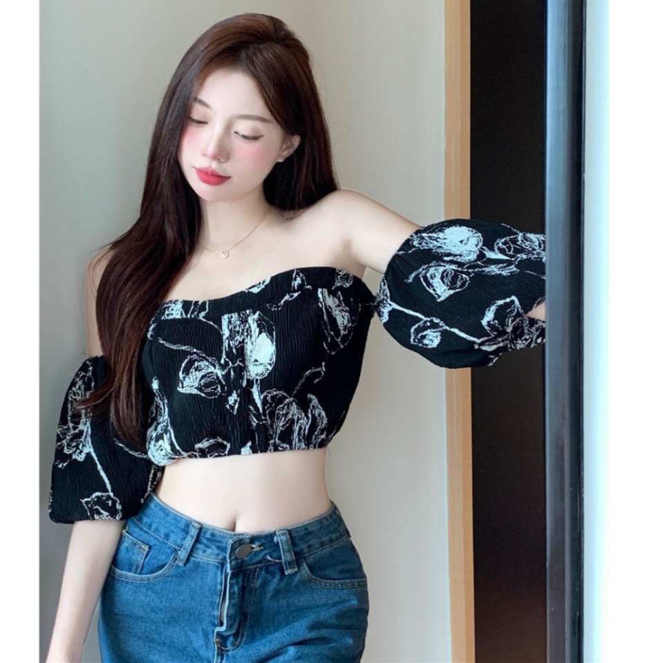 Áo Croptop Trễ Vai Tay Bồng HRSTORE ,Áo Kiểu Nữ Cá Tính Họa Tiết Sang Chảnh Chất Vải Voan Cao Cấp A88