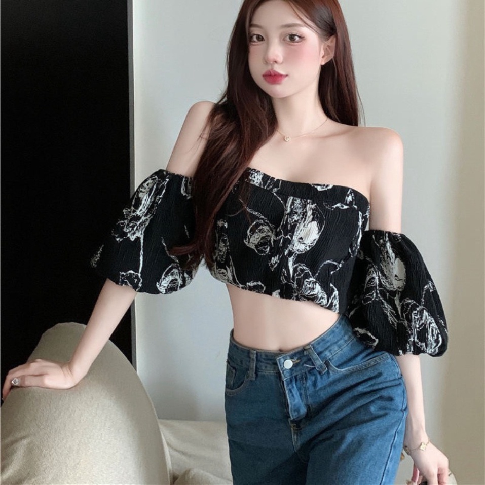 Áo Croptop Trễ Vai Tay Bồng HRSTORE ,Áo Kiểu Nữ Cá Tính Họa Tiết Sang Chảnh Chất Vải Voan Cao Cấp A88